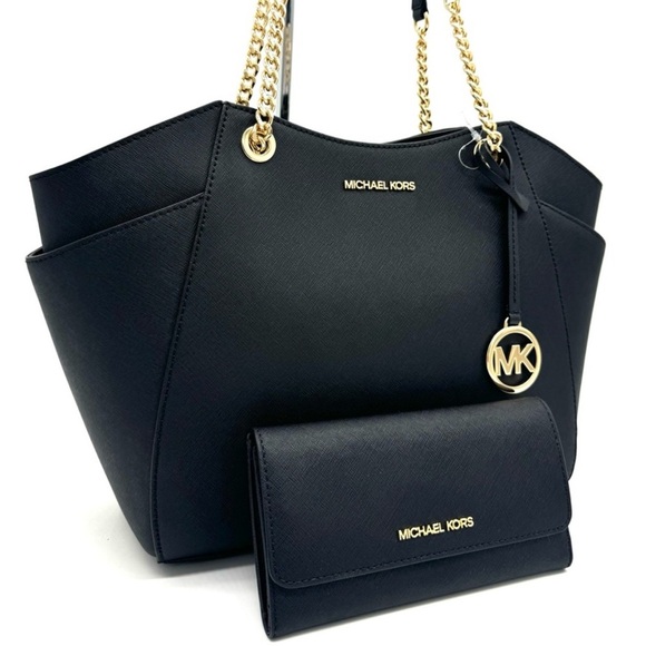 Michael Kors JST Large Chain Shoulder Tote Bag & Trifold Wallet Black/Gold - Picture 1 of 12
